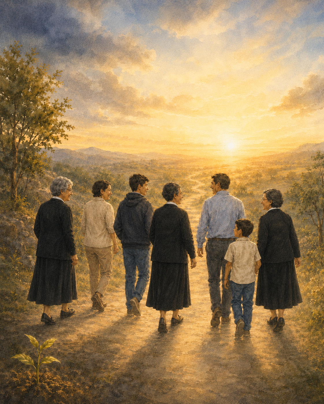 Hermanas y miembros de la Familia Cazariana caminando juntos hacia un amanecer