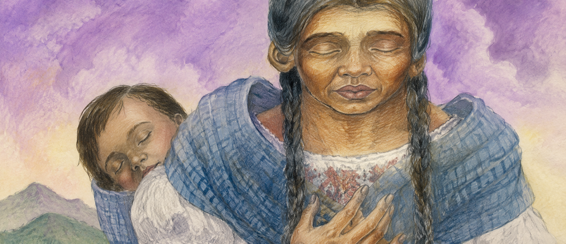 Mujer indígena con su hija, figura del mural "La Visión de Cázares"
