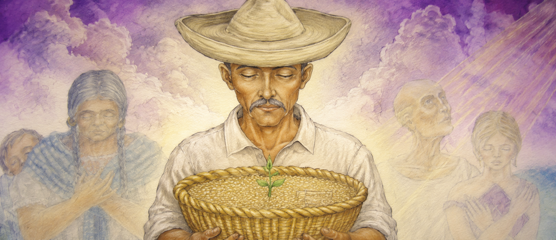 Campesino con canasto, figura del mural "La Visión de Cázares"